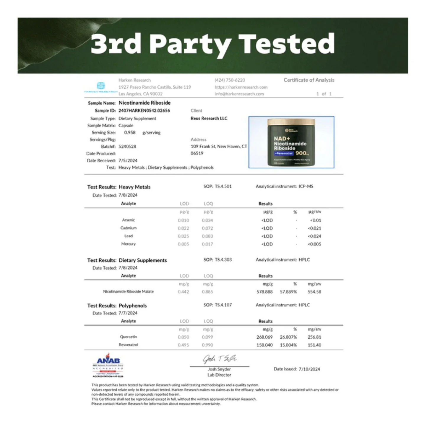 Reus Research NAD+Nicotinamide Riboside 900mg(80count)